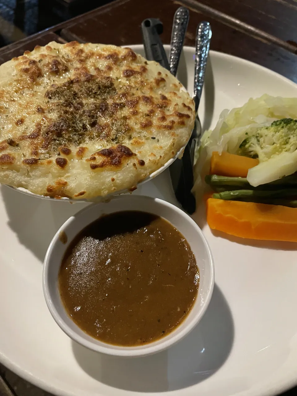 Shepherd's pie with fresh vegetables at Gary's Irish Bar in Vang Vieng