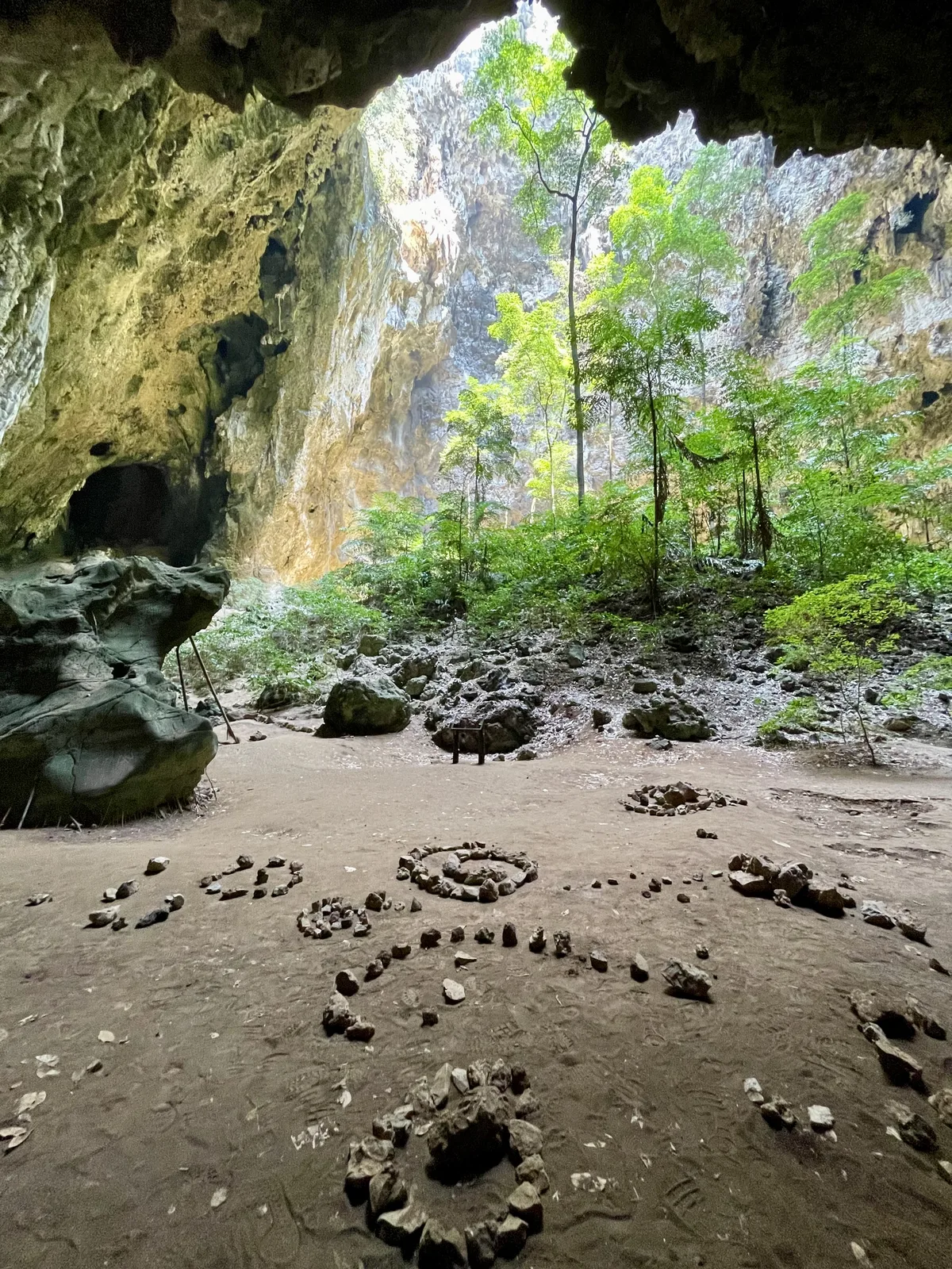 The vast chamber of Phraya Nakhon Cave with the collapsed ceiling open to the sky and trees growing inside